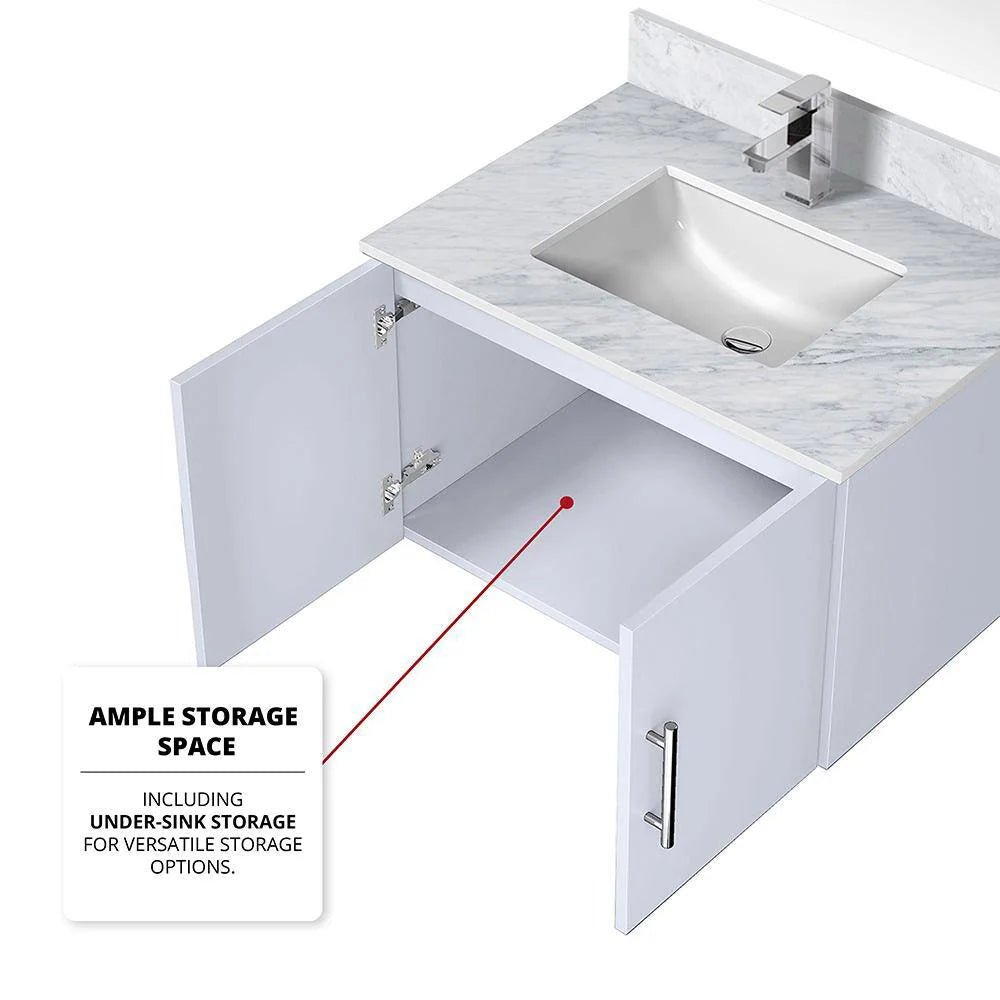 Geneva 30 In. Floating / Wall Mounted Glossy White Bathroom Vanity With Undermount Ceramic Sink, White Carrara Marble Top & 30 In. LED Mirror - BUILDMYPLACE