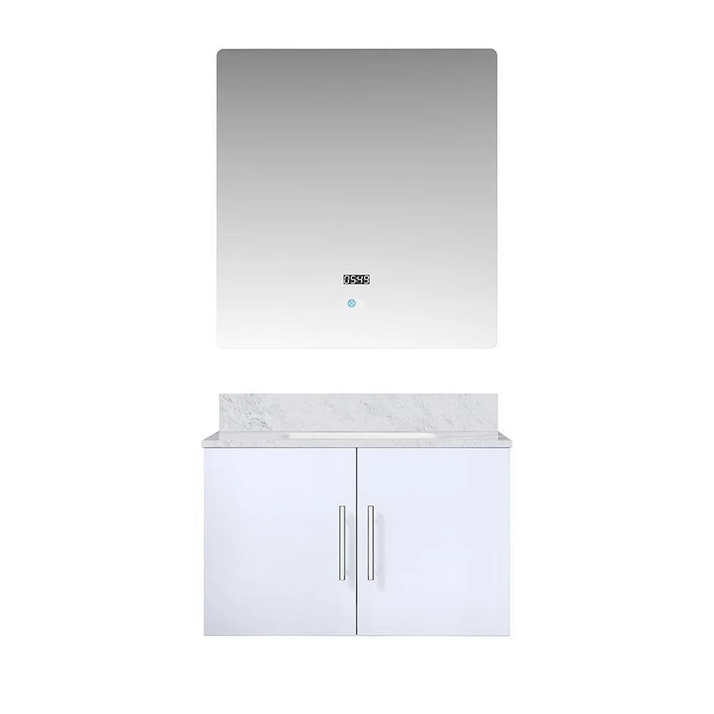 Geneva 30 In. Floating / Wall Mounted Glossy White Bathroom Vanity With Undermount Ceramic Sink, White Carrara Marble Top & 30 In. LED Mirror - BUILDMYPLACE