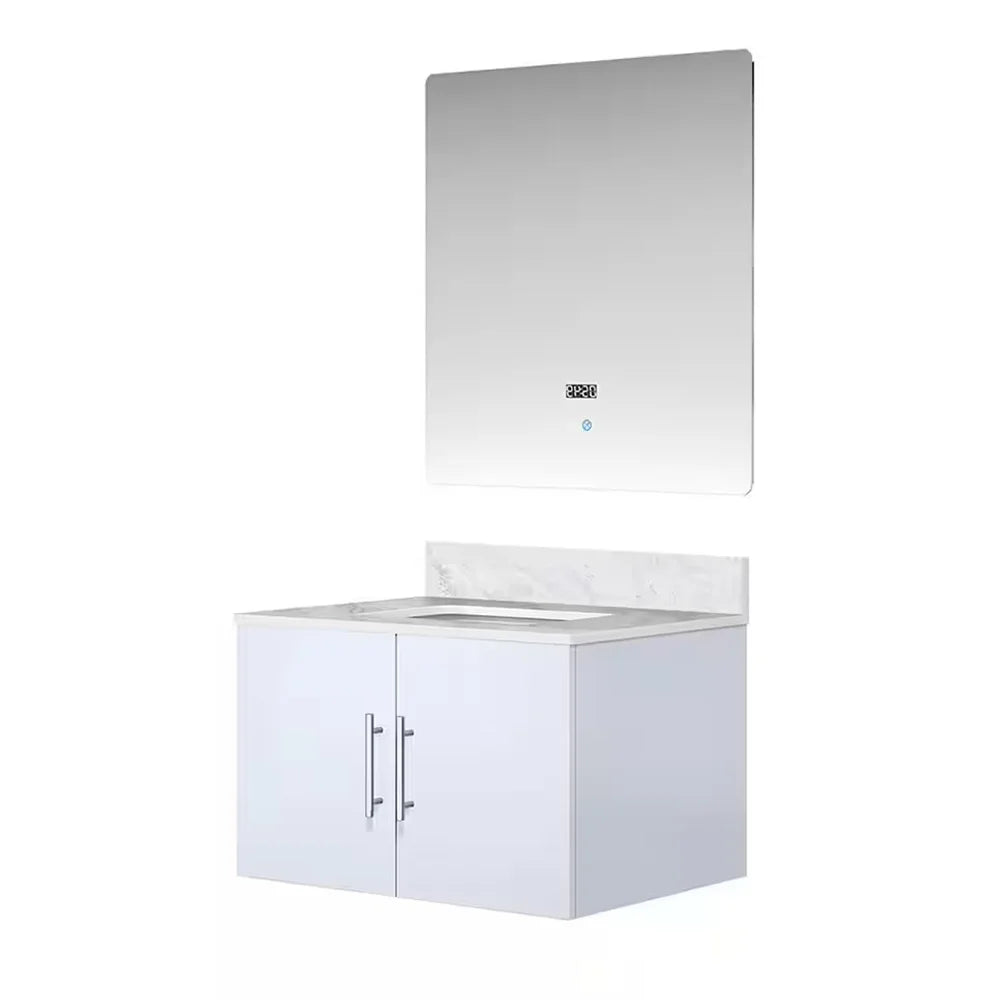 Geneva 30 In. Floating / Wall Mounted Glossy White Bathroom Vanity With Undermount Ceramic Sink, White Carrara Marble Top & 30 In. LED Mirror - BUILDMYPLACE