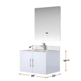 Geneva 30 In. Floating / Wall Mounted Glossy White Bathroom Vanity With Undermount Ceramic Sink, White Carrara Marble Top & 30 In. LED Mirror - BUILDMYPLACE