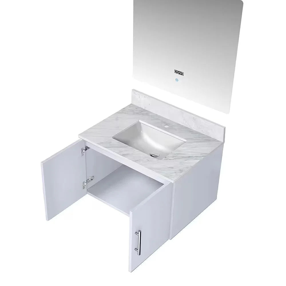 Geneva 30 In. Floating / Wall Mounted Glossy White Bathroom Vanity With Undermount Ceramic Sink, White Carrara Marble Top & 30 In. LED Mirror - BUILDMYPLACE