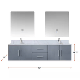 Geneva 72 In. Floating / Wall Mounted Dark Grey Bathroom Vanity With Double Undermount Ceramic Sink, White Carrara Marble Top - BUILDMYPLACE