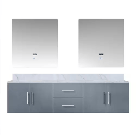 Geneva 72 In. Floating / Wall Mounted Dark Grey Bathroom Vanity With Double Undermount Ceramic Sink, White Carrara Marble Top - BUILDMYPLACE