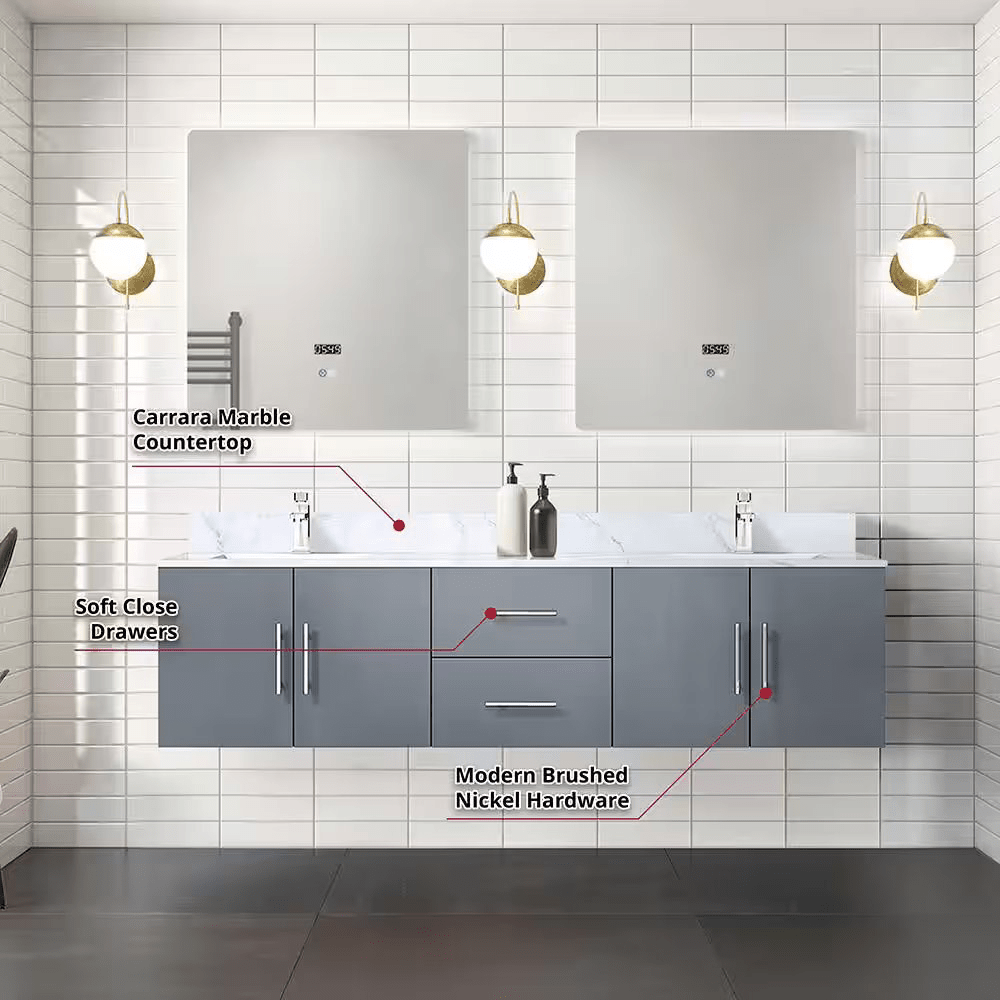 Geneva Dark Grey Bathroom Floating Bathroom Vanity With Undermount Ceramic Sink With White Carrara Marble Top