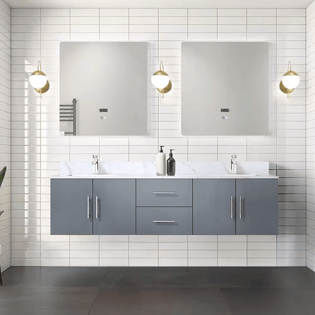 Geneva 72 In. Floating / Wall Mounted Dark Grey Bathroom Vanity With Double Undermount Ceramic Sink, White Carrara Marble Top - BUILDMYPLACE