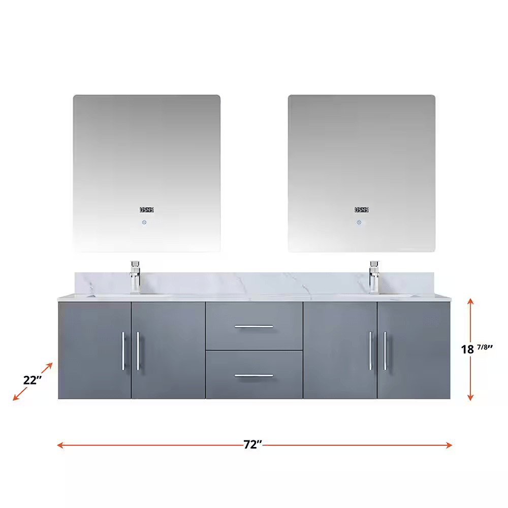 Geneva 72 In. Floating / Wall Mounted Dark Grey Bathroom Vanity With Double Undermount Ceramic Sink, White Carrara Marble Top - BUILDMYPLACE