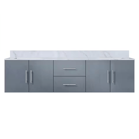 Geneva 72 In. Floating / Wall Mounted Dark Grey Bathroom Vanity With Double Undermount Ceramic Sink, White Carrara Marble Top - BUILDMYPLACE