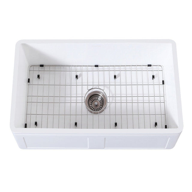 Gourmetier 30" x 18" Farmhouse Kitchen Sink with Strainer and Grid, Matte White/Brushed - BUILDMYPLACE