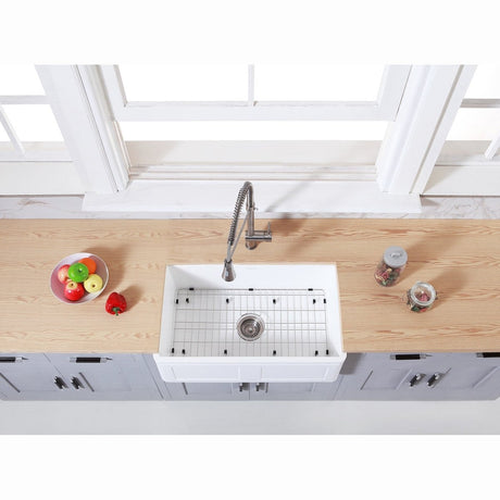 Gourmetier 30" x 18" Farmhouse Kitchen Sink with Strainer and Grid, Matte White/Brushed - BUILDMYPLACE