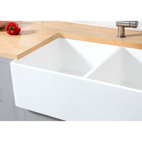 Gourmetier 33" x 18" Solid Surface Double Bowl Farmhouse Kitchen Sink, Matte White - BUILDMYPLACE
