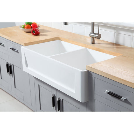 Gourmetier 36" x 18" Solid Surface Double Bowl Farmhouse Kitchen Sink, Matte White - BUILDMYPLACE