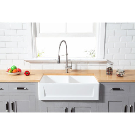Gourmetier 36" x 18" Solid Surface Double Bowl Farmhouse Kitchen Sink, Matte White - BUILDMYPLACE