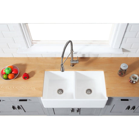 Gourmetier Solid Surface Double Bowl Farmhouse Kitchen Sink, Matte White - BUILDMYPLACE