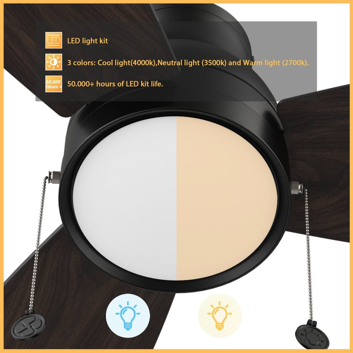 GREENWOOD 48" 3 - Blade Flush Mount Ceiling Fan with LED Light & Pull Chain - LEDMyPlace