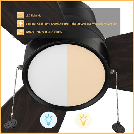 GREENWOOD 48" 3 - Blade Flush Mount Ceiling Fan with LED Light & Pull Chain - LEDMyPlace