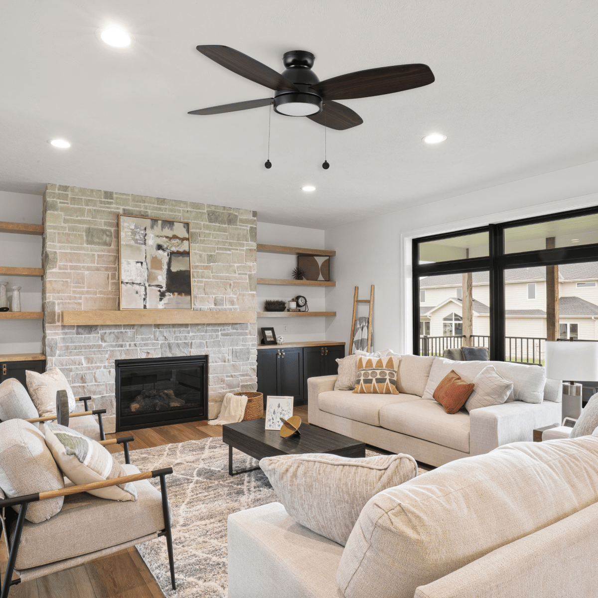 GREENWOOD 48" 4 - Blade Flush Mount Ceiling Fan with LED Light & Pull Chain - LEDMyPlace