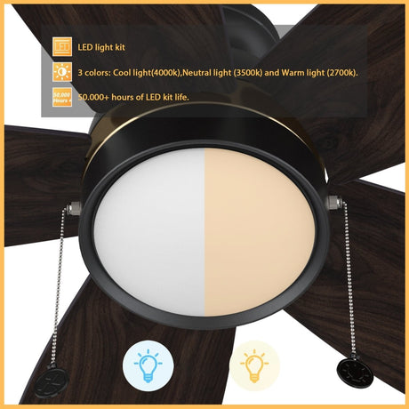 GREENWOOD 52" 5 - Blade Flush Mount Ceiling Fan with LED Light & Pull Chain - LEDMyPlace