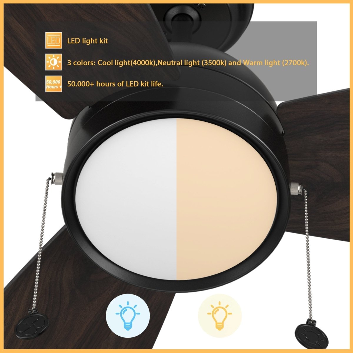 GREENWOOD 52" inch 3 - Blade Ceiling Fan with LED Light & Pull Chain - LEDMyPlace