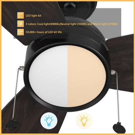 GREENWOOD 52" inch 3 - Blade Ceiling Fan with LED Light & Pull Chain - LEDMyPlace