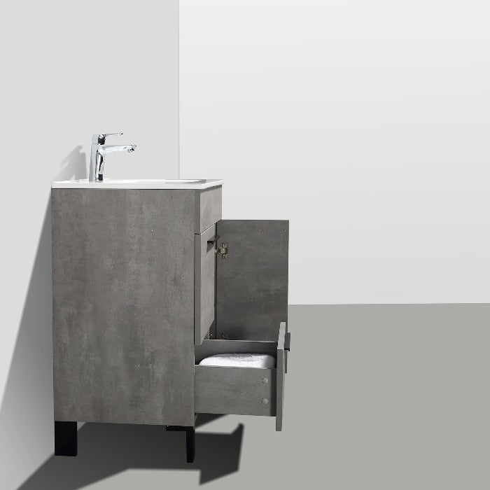 Greyland Cement Grey Freestanding Bathroom Vanity with Ceramic Sink, 2 Doors & Drawer - BUILDMYPLACE