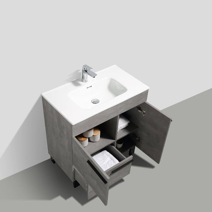 Greyland Cement Grey Freestanding Bathroom Vanity with Ceramic Sink, 2 Doors & Drawer - BUILDMYPLACE