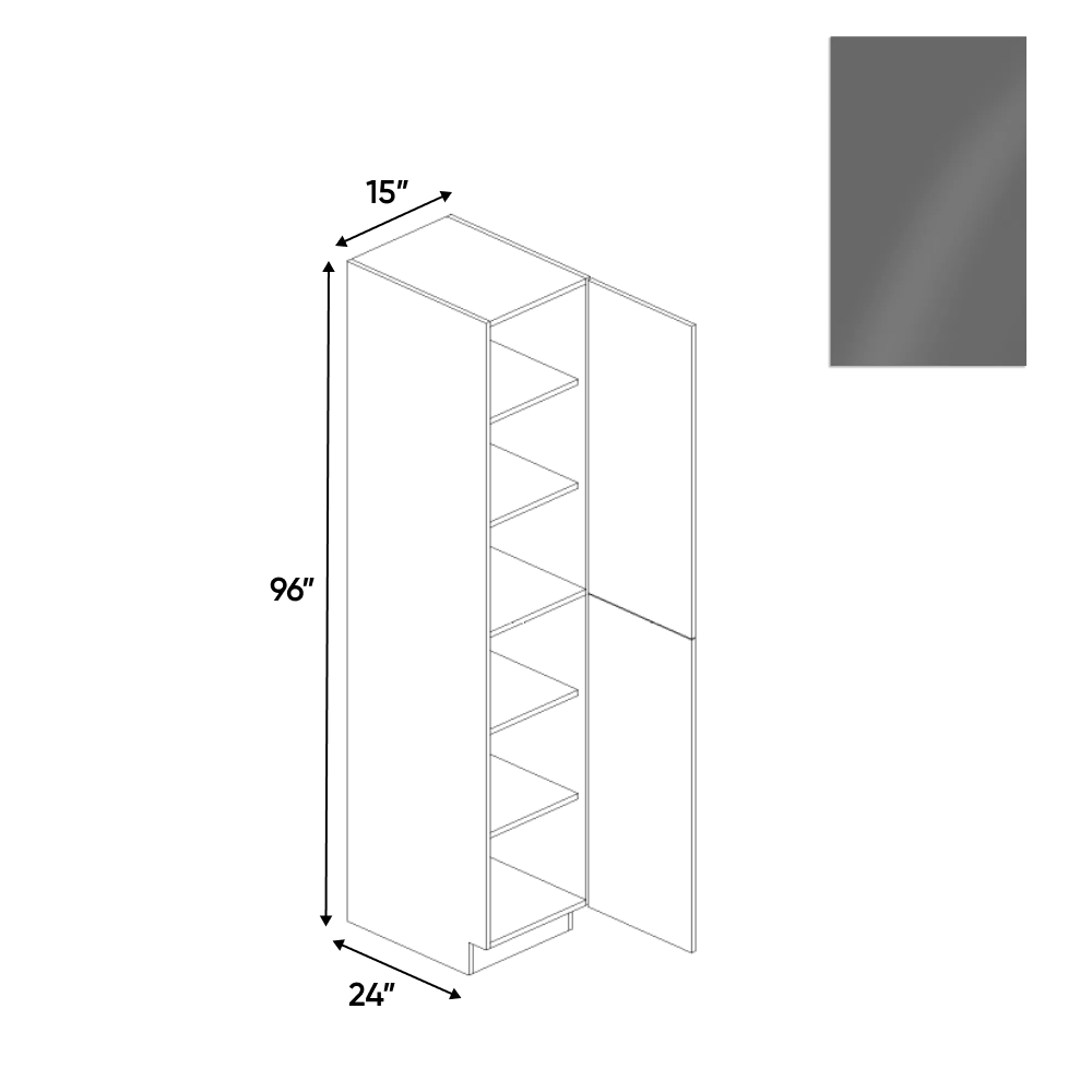 Gris Plomo Gloss - Tall Pantry Cabinet - 15"W x 96"H x 24"D - Pre Assembled - Frameless Cabinet - BUILDMYPLACE