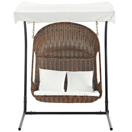 Hanging Wicker Chair With 2 Pillows - Vantage Outdoor Patio Swing Chair With Stand - With White Cushions - BUILDMYPLACE