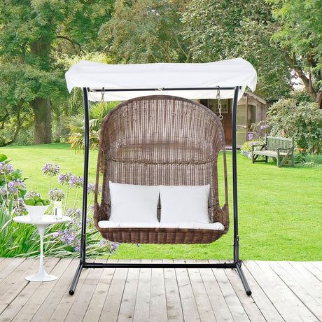 Hanging Wicker Chair With 2 Pillows - Vantage Outdoor Patio Swing Chair With Stand - With White Cushions - BUILDMYPLACE