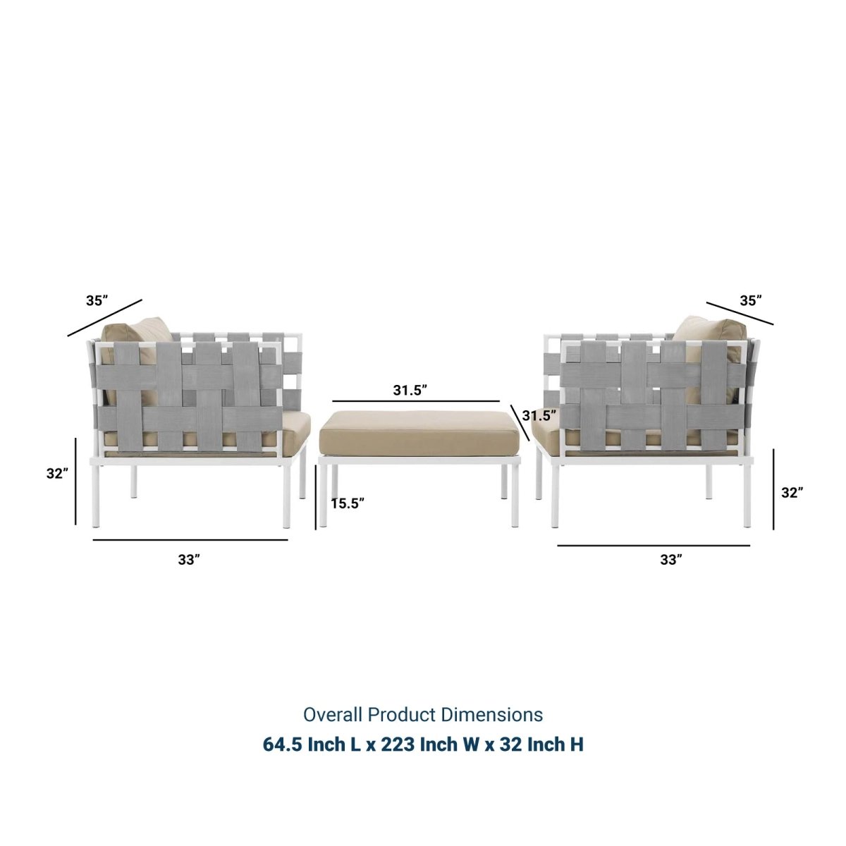 Harmony 3 Piece Outdoor Patio Aluminum Sectional Sofa Set - BUILDMYPLACE