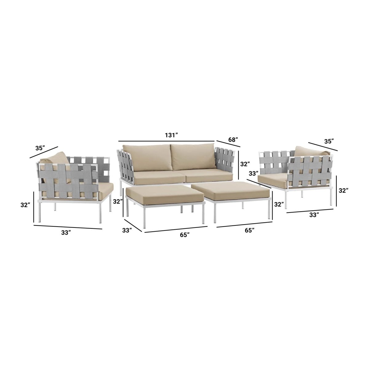 Harmony 5 Piece Outdoor Patio Aluminum Sectional Sofa Set & Ottoman - BUILDMYPLACE