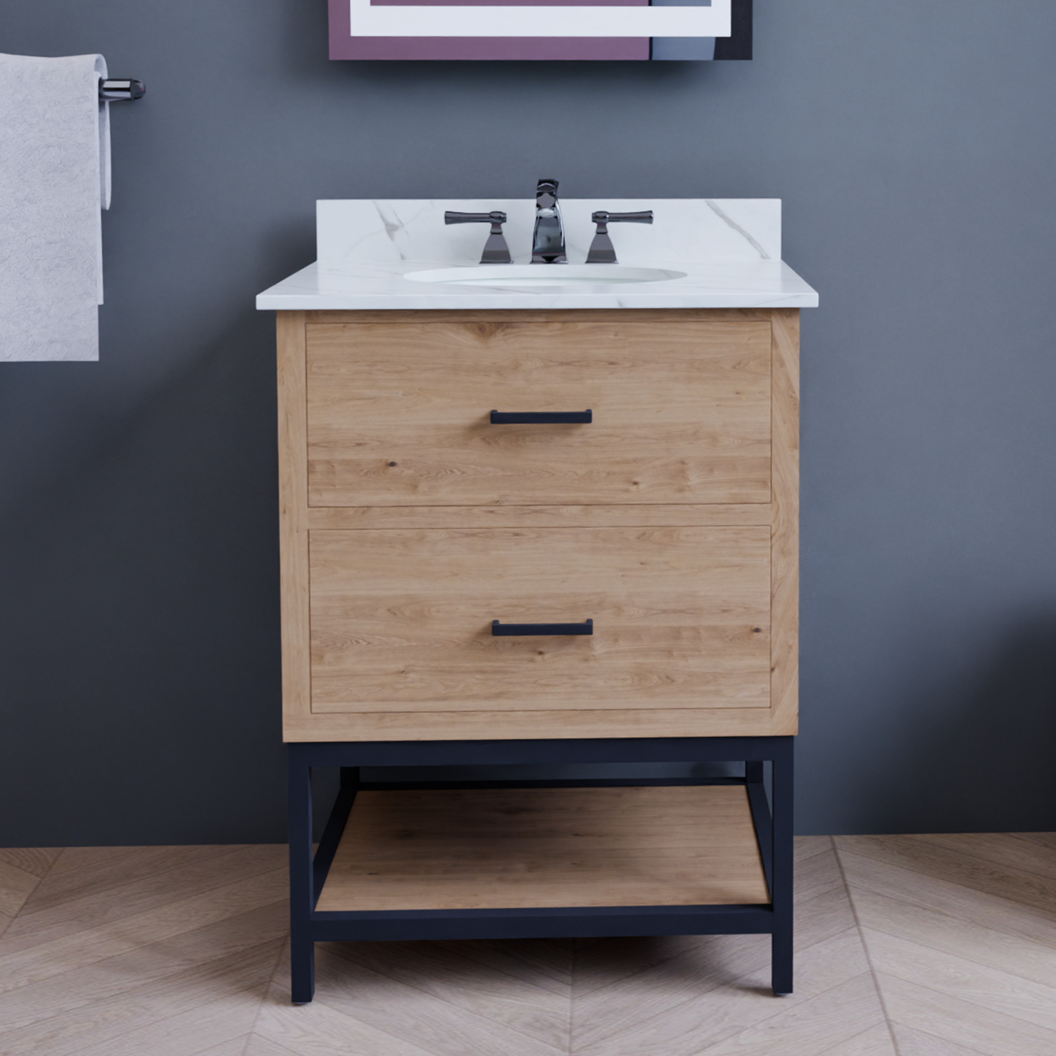 Hartley 24 In. Freestanding Bathroom Vanity with Metal Frame, Carrara White Engineered Stone Sink Top with 4 In. Backsplash in Washed Greige Finish