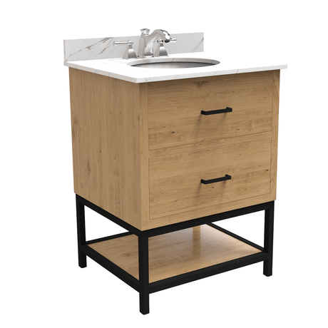 Hartley 24 In. Freestanding Bathroom Vanity with Metal Frame, Carrara White Engineered Stone Sink Top with 4 In. Backsplash in Washed Greige Finish - BUILDMYPLACE