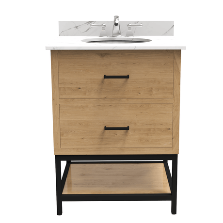 Hartley 24 In. Freestanding Bathroom Vanity with Metal Frame, Carrara White Engineered Stone Sink Top with 4 In. Backsplash in Washed Greige Finish - BUILDMYPLACE