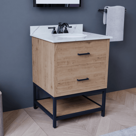 Hartley 24 In. Freestanding Bathroom Vanity with Metal Frame, Carrara White Engineered Stone Sink Top with 4 In. Backsplash in Washed Greige Finish - BUILDMYPLACE