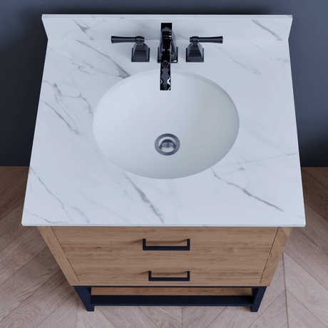 Hartley 24 In. Freestanding Bathroom Vanity with Metal Frame, Carrara White Engineered Stone Sink Top with 4 In. Backsplash in Washed Greige Finish - BUILDMYPLACE