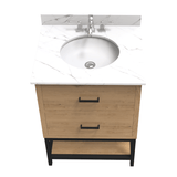 Hartley 24 In. Freestanding Bathroom Vanity with Metal Frame, Carrara White Engineered Stone Sink Top with 4 In. Backsplash in Washed Greige Finish - BUILDMYPLACE