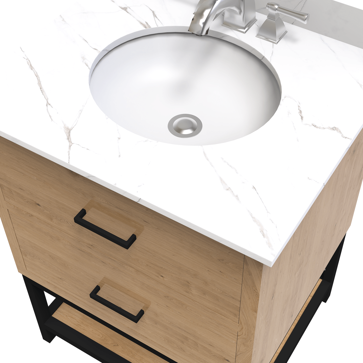 Hartley 24 In. Freestanding Bathroom Vanity with Metal Frame, Carrara White Engineered Stone Sink Top with 4 In. Backsplash in Washed Greige Finish - BUILDMYPLACE