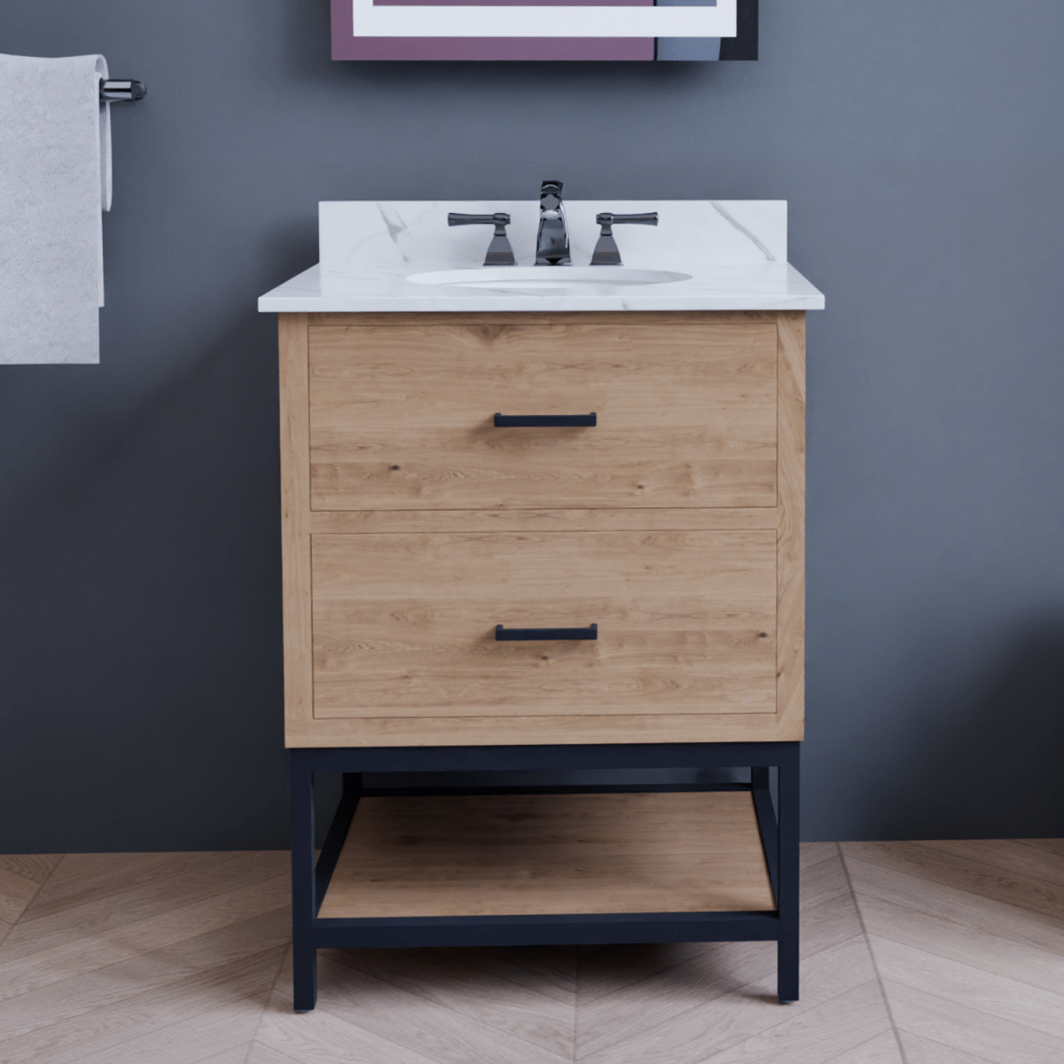 Hartley 24 In. Freestanding Bathroom Vanity with Metal Frame, Carrara White Engineered Stone Sink Top with 4 In. Backsplash in Washed Greige Finish - BUILDMYPLACE