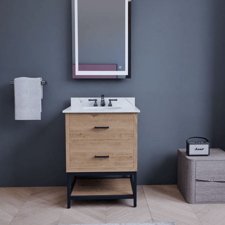 Hartley 24 In. Freestanding Bathroom Vanity with Metal Frame, Carrara White Engineered Stone Sink Top with 4 In. Backsplash in Washed Greige Finish - BUILDMYPLACE