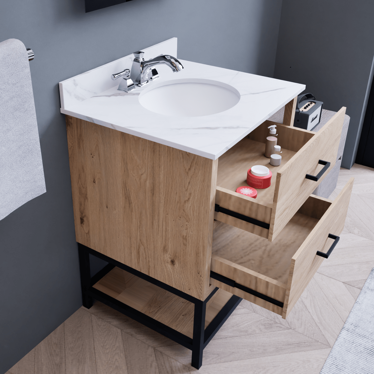 Hartley 24 In. Freestanding Bathroom Vanity with Metal Frame, Carrara White Engineered Stone Sink Top with 4 In. Backsplash in Washed Greige Finish - BUILDMYPLACE