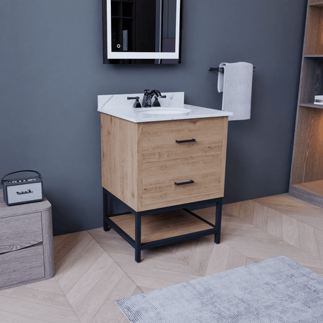 Hartley 24 In. Freestanding Bathroom Vanity with Metal Frame, Carrara White Engineered Stone Sink Top with 4 In. Backsplash in Washed Greige Finish - BUILDMYPLACE