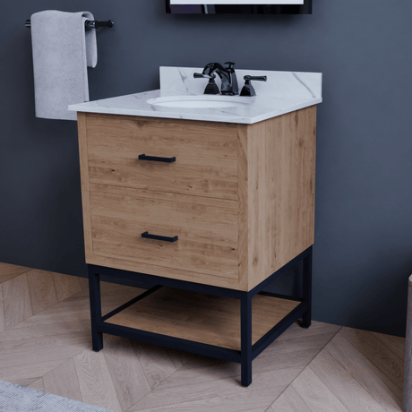 Hartley 24 In. Freestanding Bathroom Vanity with Metal Frame, Carrara White Engineered Stone Sink Top with 4 In. Backsplash in Washed Greige Finish - BUILDMYPLACE