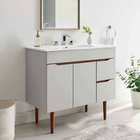 Harvey Modern 36 Inch Gray White Freestanding Bathroom Vanity With Ceramic Single Sink, 2 Doors & 2 Drawers - BUILDMYPLACE