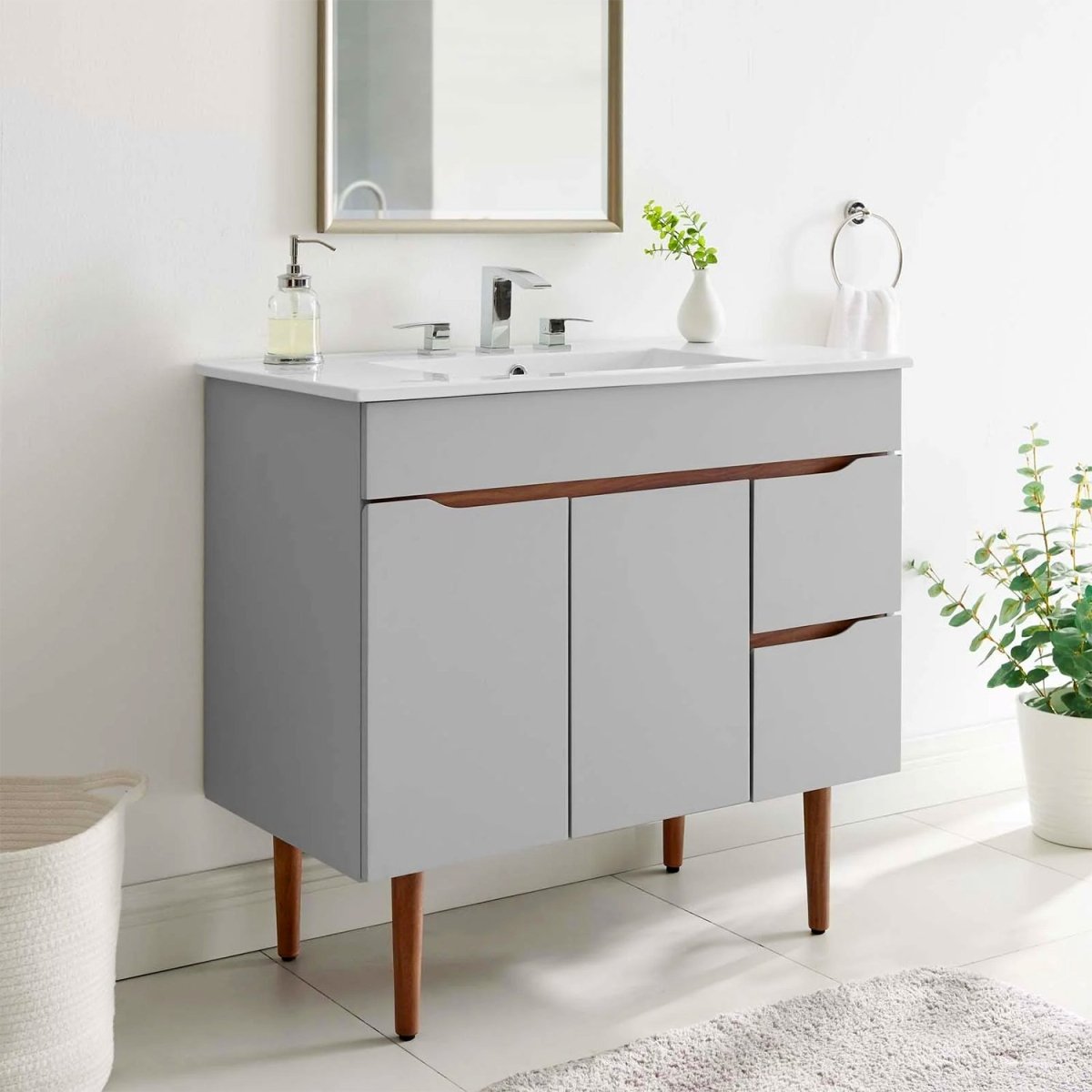 Harvey Modern 36 Inch Gray White Freestanding Bathroom Vanity With Ceramic Single Sink, 2 Doors & 2 Drawers - BUILDMYPLACE