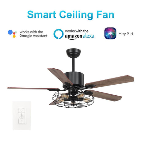 Helston 52 Inch 5 - Blade Best Smart Ceiling Fan With Light & Best Smart Wall Switch - Black/Dark Wood & Light Wood (Reversible Blades) - LEDMyPlace