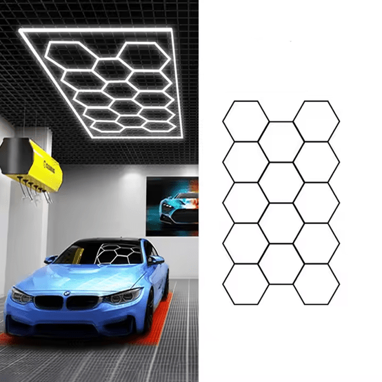 Hexagon LED Garage Lights with Rectangle Frame, 14 Hex Kit (57pcs), 6w/pc (Total Power 534W), 6500K, 120 - 130lm/w, AC100 - 277v,IP44, CRI:>80, For Garage, Shop, Gym, Basement, Barbershop, Warehouse - LEDMyPlace