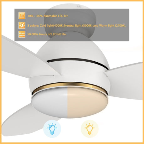 HOBART 48 inch 3 - Blade Flush Mount Smart Ceiling Fan with LED Light & Remote - LEDMyPlace