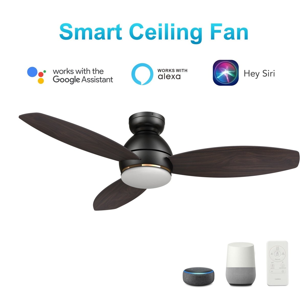 HOBART 48 inch 3 - Blade Flush Mount Smart Ceiling Fan with LED Light & Remote - LEDMyPlace