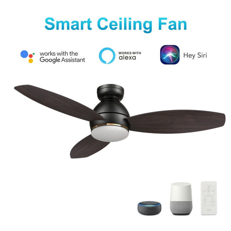 HOBART 48 inch 3 - Blade Flush Mount Smart Ceiling Fan with LED Light & Remote - LEDMyPlace