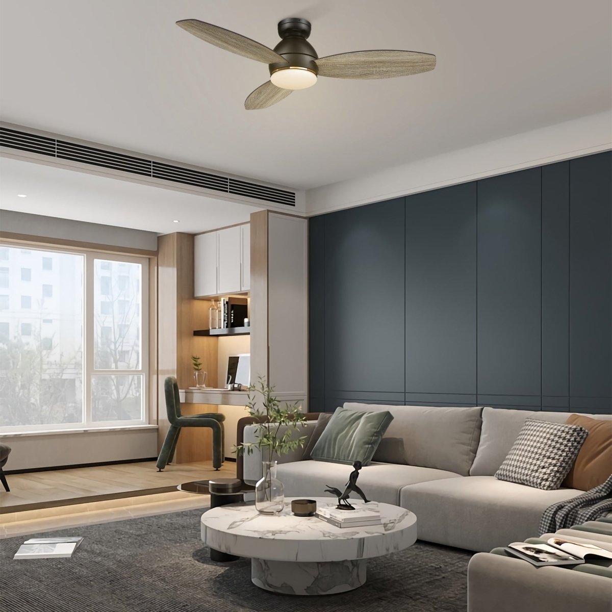 HOBART 48 inch 3 - Blade Flush Mount Smart Ceiling Fan with LED Light & Remote - LEDMyPlace